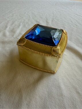 Judith Ripka Gold Trinket Box with Deep Blue Faceted Gem